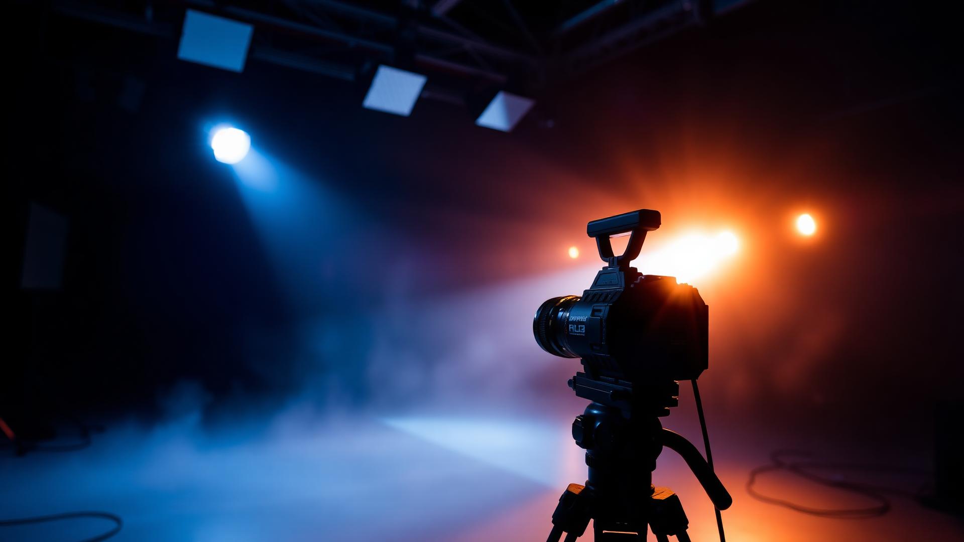 Cinema camera on a moody film set with golden stage lighting